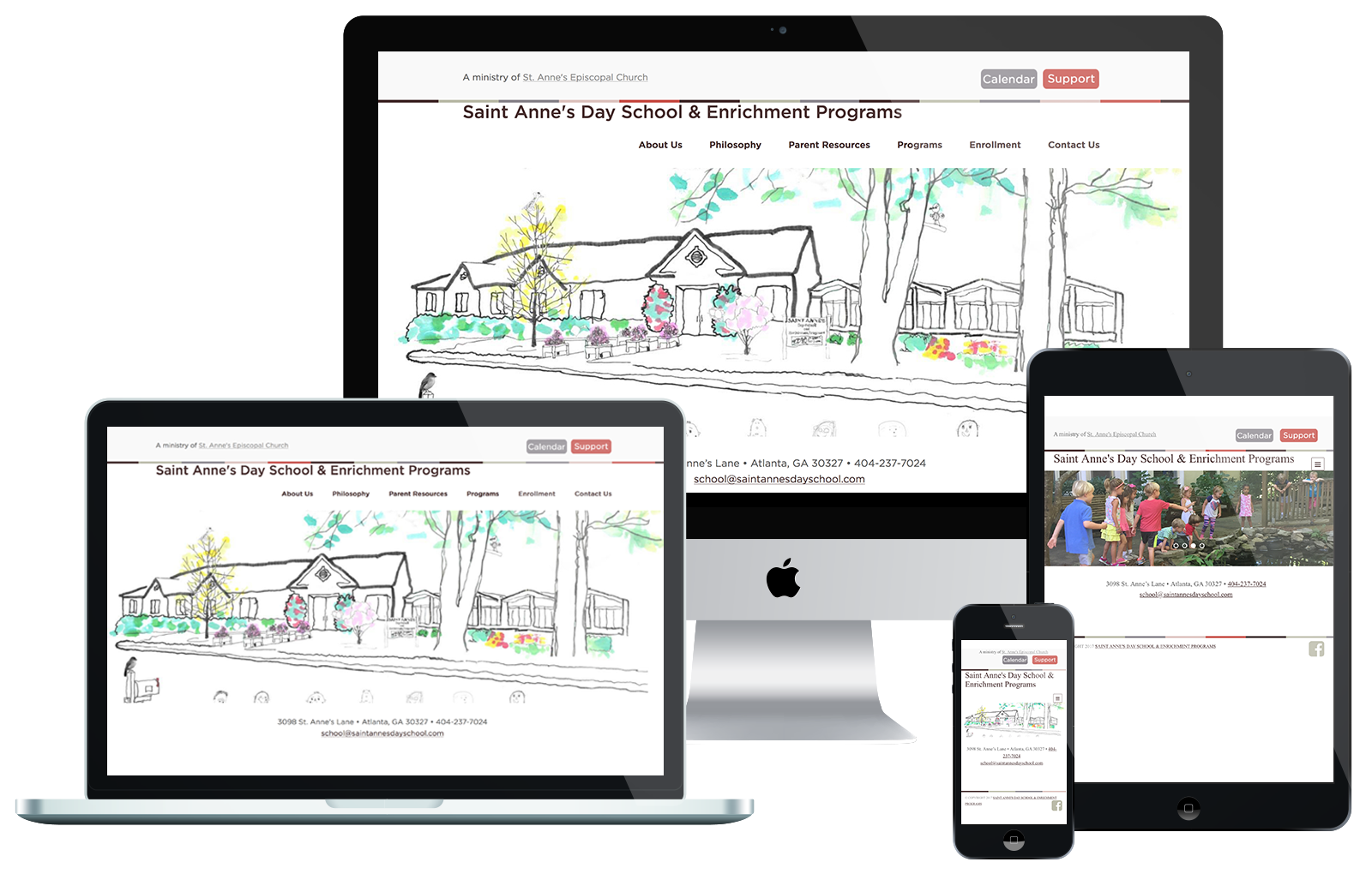 mockup of second iteration Saint Anne's website on different device displays